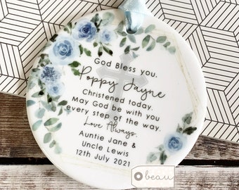 Personalised God bless you Christening Baptism Baby Boy Girl Pale blue floral Design Ceramic or Acrylic Round Ornament Keepsake