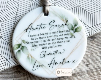 Personalised Will you be my Godmother Godfather Godparents Proposal Christening Baptism Quote Greenery Design Ceramic Round Keepsake