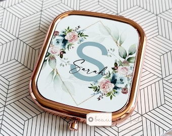 Personalised Name and Initial.. Pretty blue  Blush floral Greenery Square Rose Gold Compact Pocket Mirror Keepsake