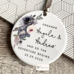 Personalised Engagement gift Engaged Mauve Pink Floral Leaf Ceramic or Acrylic Round Decoration Ornament Keepsake