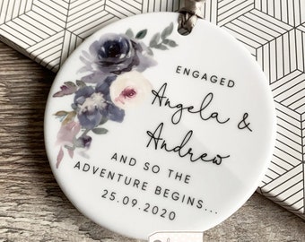 Personalised Engagement gift Engaged Mauve Pink Floral Leaf Ceramic or Acrylic Round Decoration Ornament Keepsake