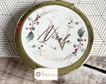 Personalised Name Christmas Holly Foliage Round Rose Gold Compact Pocket Mirror Keepsake