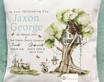 Personalised Christening Baptism Naming day Dedication Communion Woodland Rabbit Design Linen Style Cushion Baptism Godparent Godmother