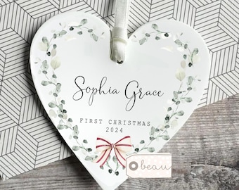 Personalised First 1st Christmas gift Baby Christmas Baby Boy Girl gift New arrival New Baby Greenery Heart Decoration Ornament Keepsake
