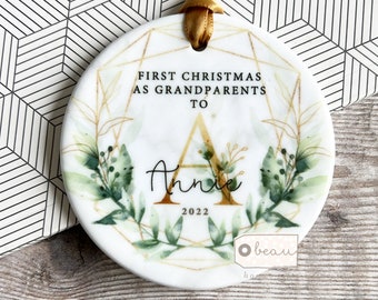 Personalised First Christmas as Grandparents gift Gran Grandma Nanna New Baby Botanical Greenery Ceramic or acrylic Round Ornament Keepsake