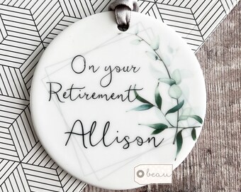 Personalised On your Retirement Modern Greenery Design Ceramic or Acrylic Round Decoration Ornament Wedding Keepsake