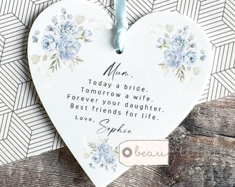 Personalised Mother of Bride gift Today a Bride Thank you wedding gift from Bride Greenery Blue floral Heart Ornament Wedding Keepsake mum