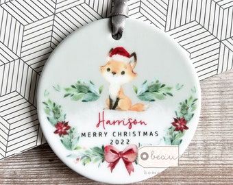 Personalised Merry Christmas Woodland fox Santa hat Signpost Acrylic or ceramic Round Ornament Keepsake Tree Decoration Child boy girl gift