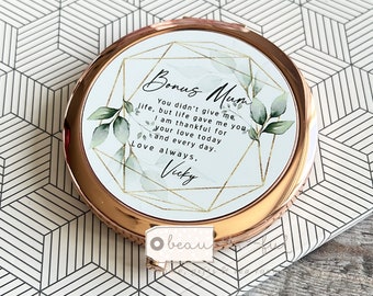 Personalised Bonus Mum Mom Stepmum stepmom Like a mum Thank you Quote Greenery Round Rose gold Silver compact Pocket mirror Keepsake