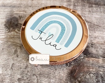Personalised Name Teal Rainbow Round Rose Gold Compact Pocket Mirror Keepsake