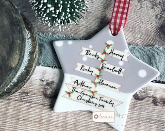 Personalised Christmas Family Names Signpost Design Nordic Style Ceramic or acrylic Round or Star Ornament Keepsake