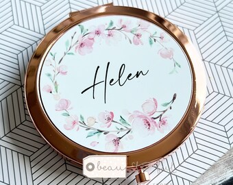 Personalised gift Pink Floral Greenery Round Rose Gold Silver Compact Pocket Mirror Keepsake Bridesmaid Gift