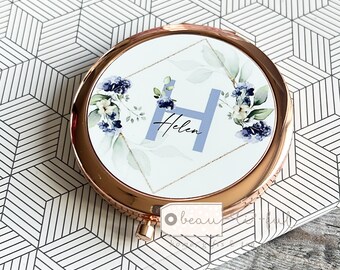 Personalised Name and initial Blue Floral Greenery Round Rose Gold Silver Compact Pocket Mirror Keepsake Bridesmaid Gift