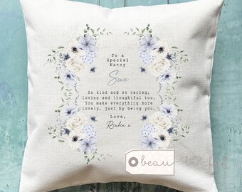 Personalised Sister Auntie Grandma Mum Nanna Auntie Mom Mam Gift for her blue Floral  Quote Linen Style Cushion Birthday gift Thank you gift