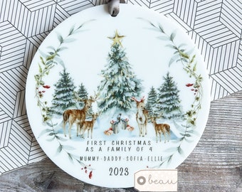 Personalised First Christmas as a family of 4 Mummy Daddy Mammy Mommy New Baby Woodland scene Ceramic or Acrylic Round Ornament Keepsake