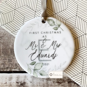 Personalised Wedding gift First Christmas Married Mr Mrs Newlywed Greenery Design Ceramic or Acrylic Round Ornament Keepsake