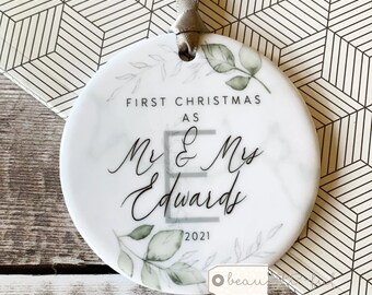 Personalised Wedding gift First Christmas Married Mr Mrs Newlywed Greenery Design Ceramic or Acrylic Round Ornament Keepsake