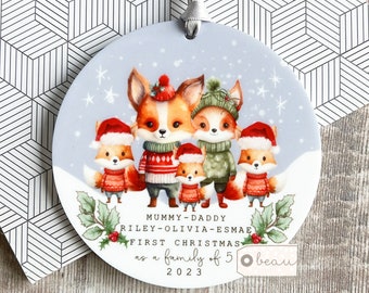 Personalised 1st First Christmas as family of 3 4 5 Woodland Fox Mummy Daddy Mammy Mommy Jumpers Acrylic Or ceramic Ornament Keepsake