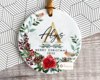 Personalised Merry Christmas gift Robin Greenery leaf Ceramic or Acrylic Round Ornament Tree Bauble Decoration Keepsake tree decoration
