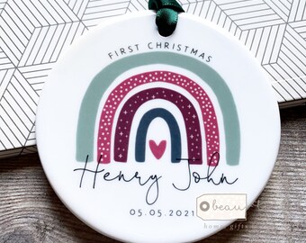 Personalised First Christmas gift Baby Baby’s Boy Girl Newborn Rainbow Design Ceramic or Acrylic Round Ornament Keepsake