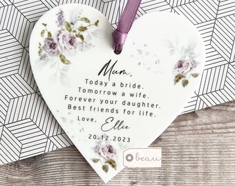 Personalised Mother of Bride Gift Today a Bride Thank you from Bride Quote Lilac roses Greenery Acrylic Heart Ornament Wedding Keepsake