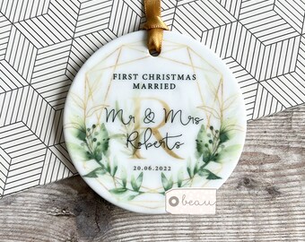 Personalised First Christmas Married Wedding gift Mr Mrs Newlywed Botanical Greenery Design Ceramic or Acrylic Round Ornament Keepsake