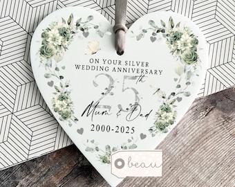 Personalised Silver Wedding Anniversary Ornament, 25th Wedding Anniversary gift, 25 Anniversary, Heart Keepsake Ornament Gift For Couple