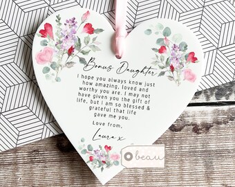 Personalised Bonus Daughter Step daughter from bonus mum Stepmum stepmom Thank you wildflowers Greenery Acrylic heart Ornament Keepsake