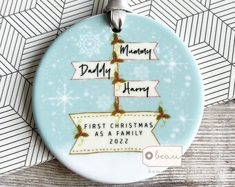Personalised First Christmas as a family Mummy Daddy New Baby Snowflake Signpost Design Ceramic Round Ornament Keepsake