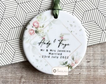 Personalised wedding gift Just Married Names Mr & Mrs Wedding Pink rose Floral Ceramic or acrylic Round Decoration Ornament Keepsake