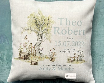 Personalised New Baby Boy Blue Woodland Rabbit Design Home Quote Linen Style Cushion cover - Newborn - Birth - Baby Boy