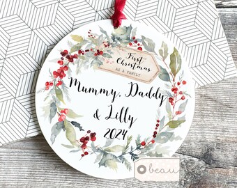 Personalised 1st First Christmas gift as family of 3 4 5 Mummy Daddy Mammy Mommy Baby Greenery Acrylic Or ceramic Ornament Keepsake
