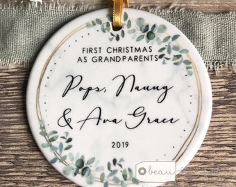 Personalised First Christmas as Grandparents Gran Grandma Nanna New Baby Botanical Greenery Ceramic or Acrylic Round Ornament Keepsake