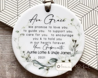 Personalised Promise to Godchild Christening Baptism Baby Boy Girl White floral Design Ceramic Round Ornament Keepsake