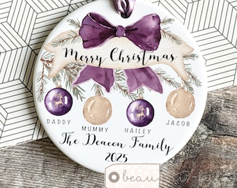 Personalised Family Christmas gift Baubles Greenery Design Acrylic or ceramic Round Ornament Keepsake Tree Bauble decoration gift Purple