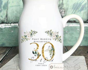 Personalised Pearl Wedding Anniversary gift Silver Tin Golden Diamond Anniversary gift Floral Ceramic Small Vase Jug Mug gift