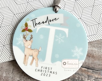 Personalised Baby gift Babies Baby’s First Christmas Boy Girl Newborn Deer Snowflake Design Ceramic or Acrylic Round Ornament Keepsake
