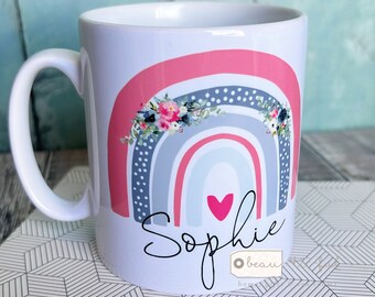 Personalised Mum Sister Friend gift Name Pastel Floral Rainbow Ceramic Mug - Tea mug - coffee Mug - Gift mug