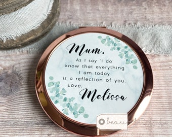 Personalised Mother of Bride Groom gift As I say I do Thank you gift quote Floral Round Rose Gold Compact Pocket Mirror Wedding Keepsake