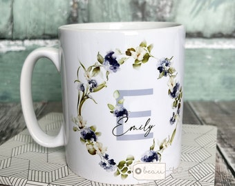 Personalised Name and initial Blue Floral Eucalyptus Greenery Ceramic Mug - Tea mug - coffee Mug - Gift mug