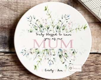 Personalised Truly Blessed to have you as my Mum Nan Nanna Grandma Gift pink Greenery Wreath Ceramic Coaster Gift Nanny Teacher Sister