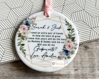 Personalised Will you be my Godmother Godfather Godparents Proposal Christening Baptism dusky blue Greenery Design Ceramic Round Keepsake