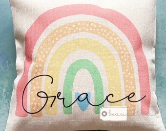 Personalised Name Traditional Pastel Rainbow Design Home Quote Boho Linen Style Cushion cover