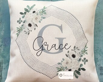 Personalised Name and initial Framed white Floral Design Home Quote Linen Style Cushion cover