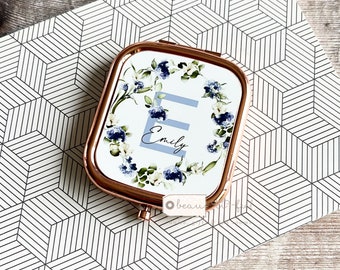 Personalised Name and Initial.. Pretty Blue floral Greenery Square Rose Gold Compact Pocket Mirror Keepsake