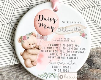 Personalised Promise to Godchild Christening Baptism Gift Baby Goddaughter Girl Teddy Bear Balloon Ceramic or acrylic Ornament Keepsake
