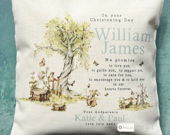 Personalised Christening Baptism Gift Promise to Godchild Godson Goddaughter Woodland Rabbit Linen Style Cushion Baptism Godparent Godmother