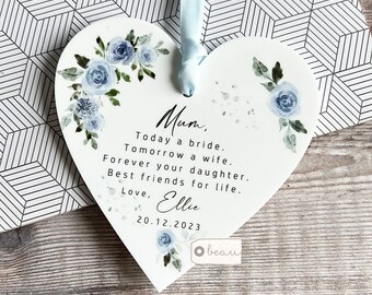 Personalised Mother of Bride Gift Wedding gift Today a Bride Thank you from Bride Pale blue rose  Heart Ornament Keepsake Favour Gift tag