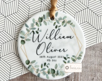 Personalised New Baby Boy Girl Newborn New arrival gift Geometric greenery Design Ceramic or Acrylic Round Ornament Keepsake