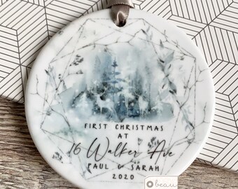 Personalised First Christmas at Address New Home gift Christmas Deer scene Design Ceramic or Acrylic Round Ornament Keepsake